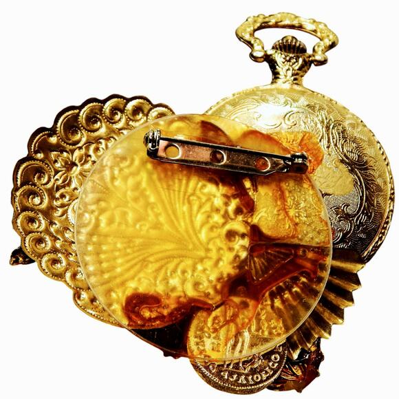 3 .5" Vintage 80's OOAK Rare Collage Assembled Mixed Materials Art Piece Brooch - Picture 8 of 9